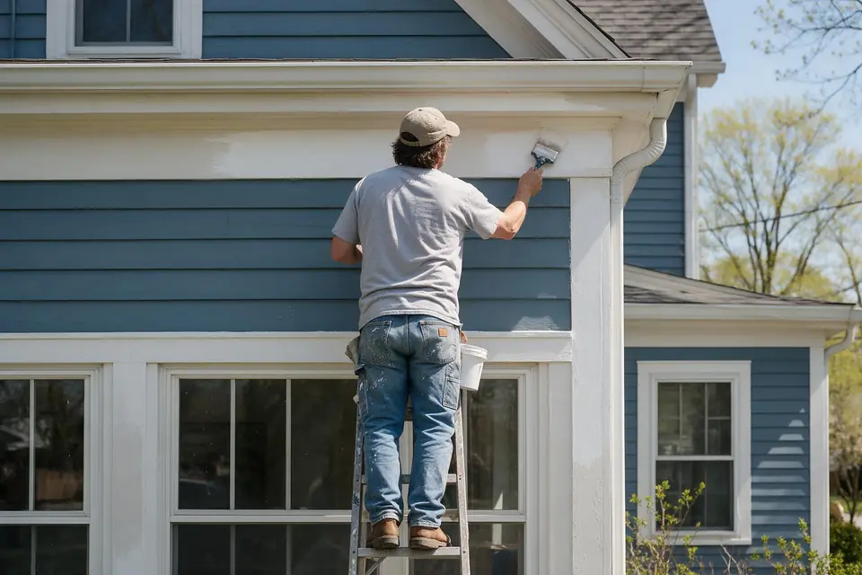 A painter on a ladder painting white trim on a blue house