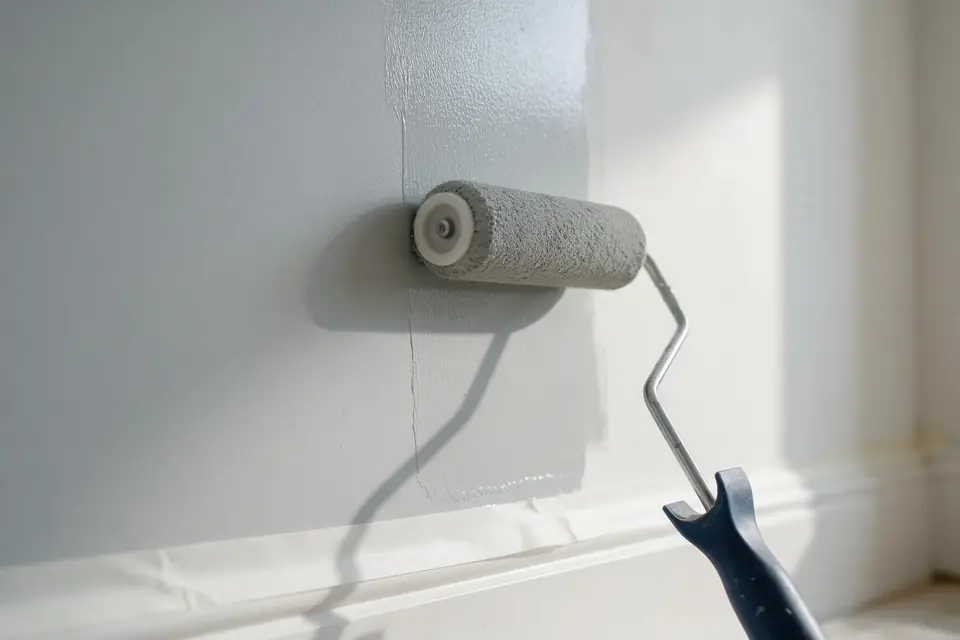 A paint roller applying light gray paint above taped baseboard